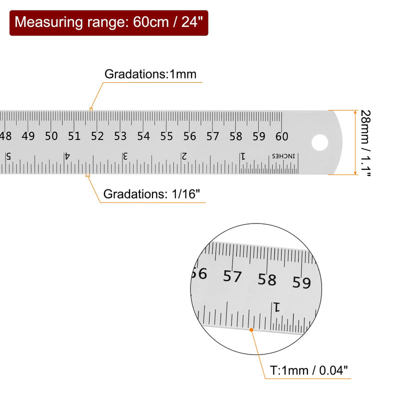 HARFINGTON 3pcs 24 Inch 60cm Aluminum Metal Ruler Set with Conversion Table and Rounded Corners 24"