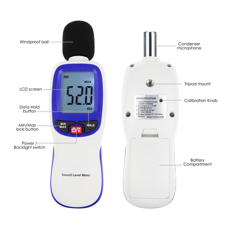 Bluetooth Decibel Meter Digital Sound Level Meter Portable SPL Meter 30~130dBA Range MAX/MIN Data Hold with LCD Display Backlight for Home, School and Workplace to Accurate Sound Measurement