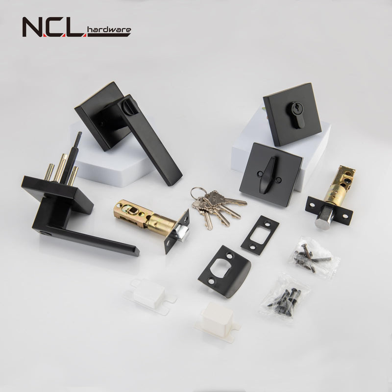 NCL Keyed Entry Door Lever with Single Cylinder Deadbolt, Keyed Alike Heavy Duty Combination Set, Black Exterior Door Lock Set for Front Door 1 Simple Entry Matt Black