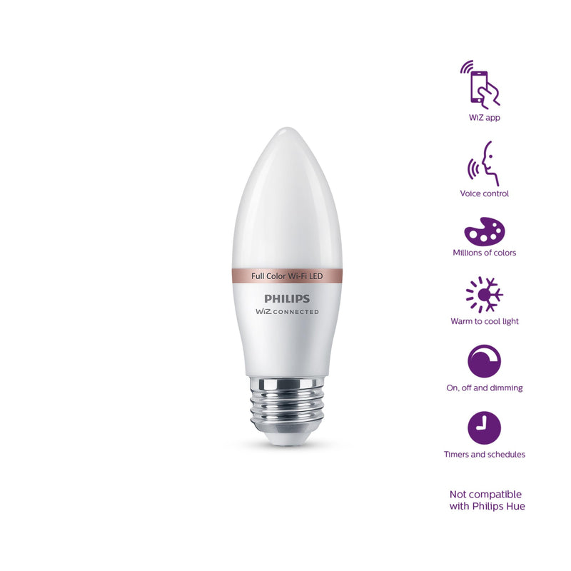 PHILIPS Smart 40W B12 Candle-Shape 4-Pack, E26 Base, Full Color, Dimmable, Indoor, Connect to Wi-Fi, Control Voice or App - Powered by WiZ Connected