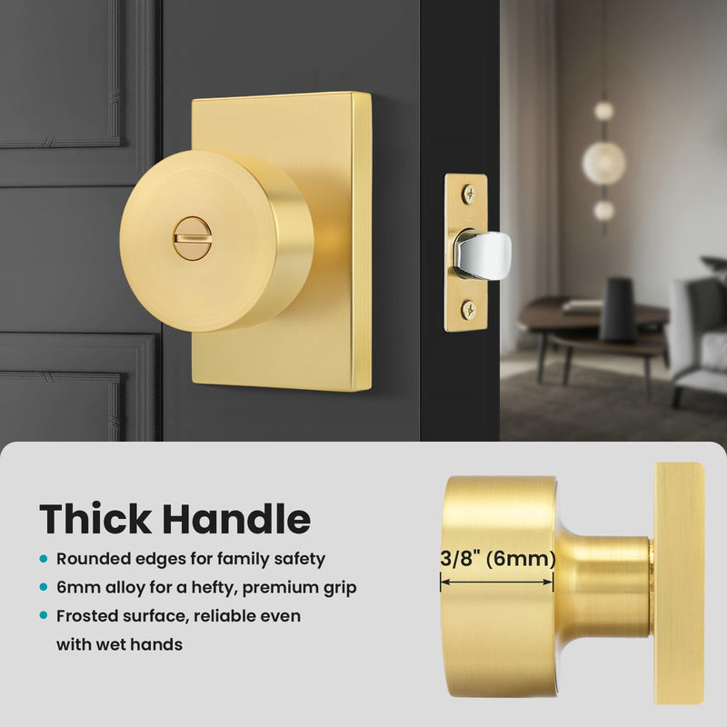 Gold Door Knob Interior Privacy, Zinc-Alloy Interior Door Knob, Heavy Duty Brushed Gold Door Knobs for Bedroom, Bathroom, 1 Pack