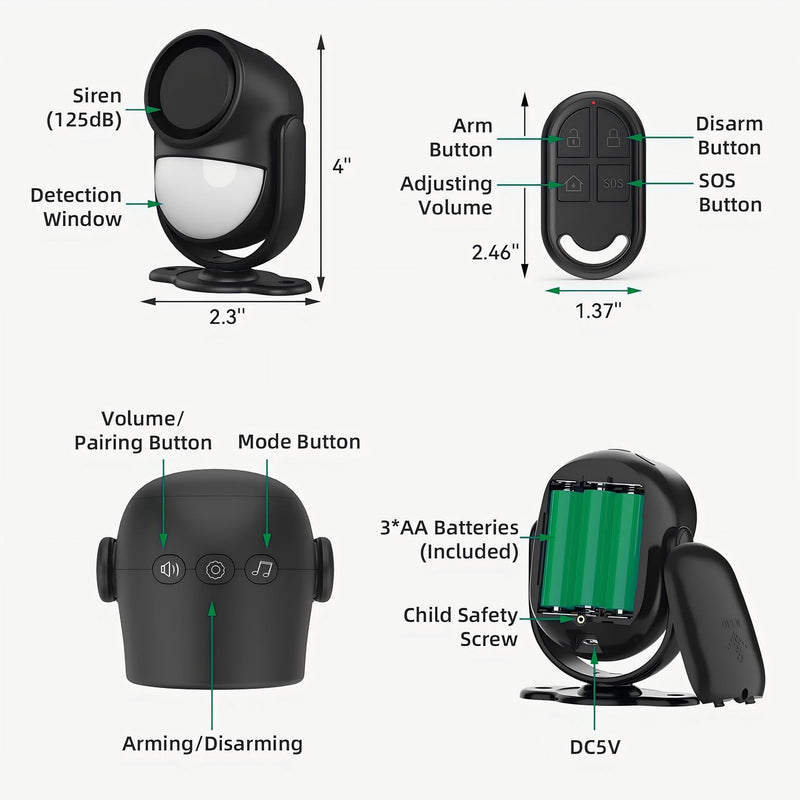 Luckydeer 125dB Loud Motion Sensor Alarm with 328ft Dual Remote (40ft PIR Detector, 3*AA Batteries), Indoor Wireless Infrared Security Motion Detector with Siren for Homes/Sheds (Black - 2 Remotes) Black-2 Remotes