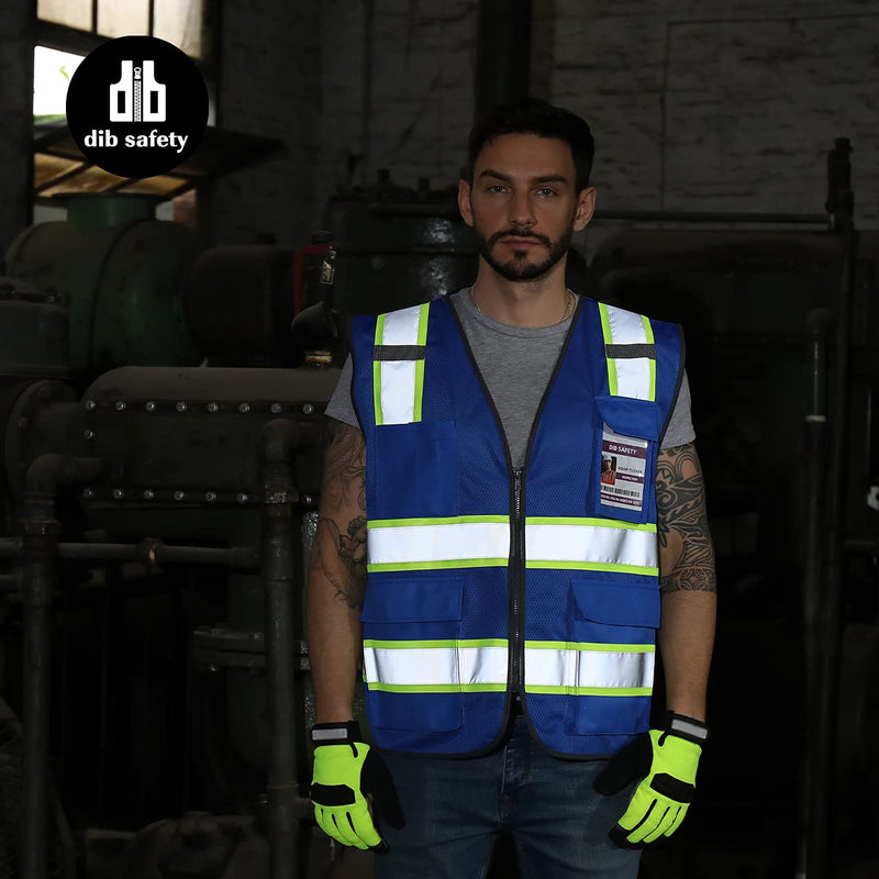 Dib Safety Reflective Mesh Vest High Visibility Two Tone with Pockets and Zipper, Blue Mesh with Yellow Trim L Large