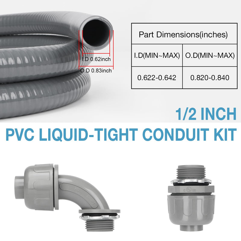 HOXHA 1/2 Inch 6 Ft Electrical Conduit Kit Flexible PVC Non Metallic Liquid Tight Conduit, Electrical Wire Conduit Pipe with Straight and 90-Degree Conduit Connector Fittings 1/2 In - 6 Ft