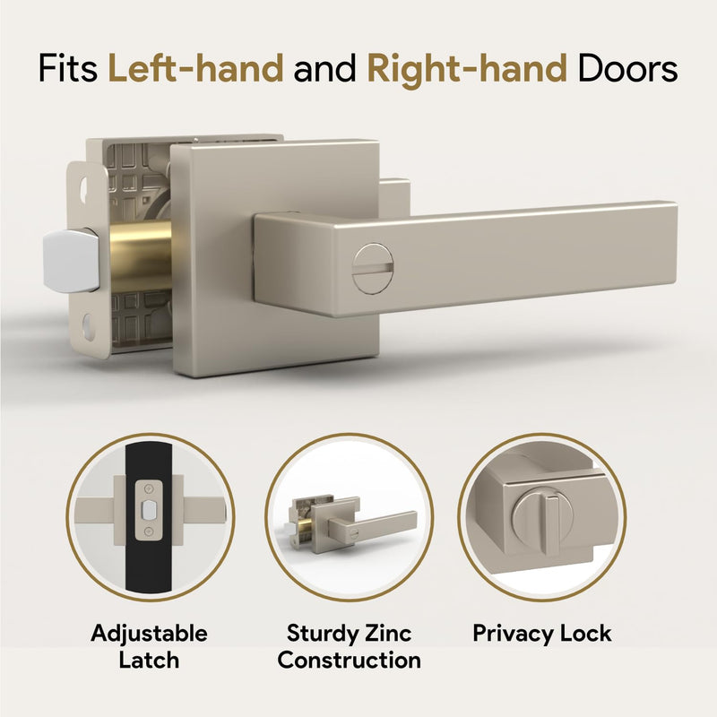 Mega Handles ROBELL Privacy Door Handle with Lock, Door Handles for Bedrooms & Bathroom, Modern Interior Door Levers with Handle Lock - Satin Nickel (1 Pack) 1 Pack