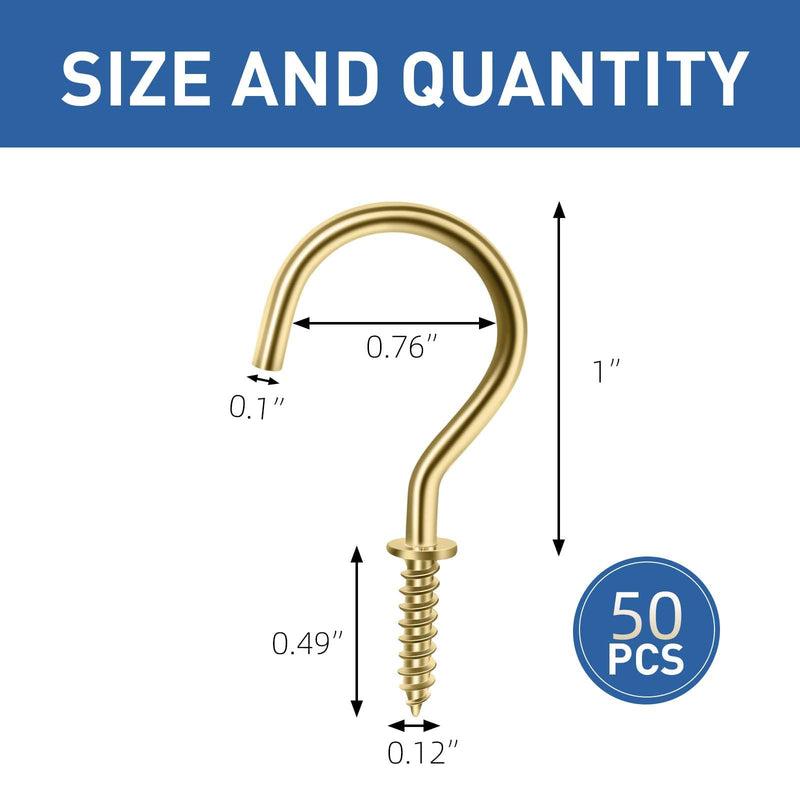 MewuDecor Screw Hooks, 1" Wood Wall Ceiling Hooks Plant Hooks Indoor Outdoor for Utensils Plants Baskets Lights Wreaths, Gold, 50 PCS 1 Inch - NewNest Australia