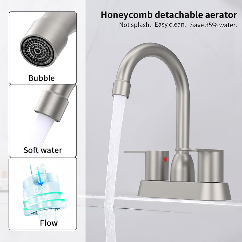 Bathroom Faucet Brushed Nickel 2-Handle Bathroom Sink Faucet 360 Degree High Arc Swivel Spout Centerset 4 Inch Vanity Faucet RV Bathroom Faucet 3 Holes Lavatory Faucet without drain 4 inch c