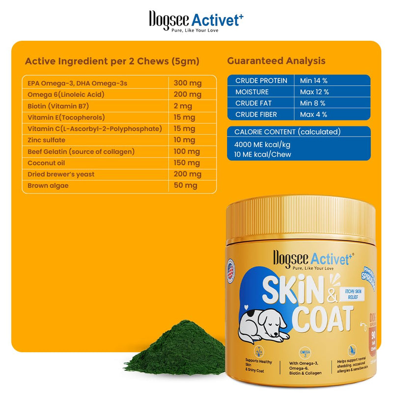 Dogsee Activet+ Dog Skin Coat Supplement Chews, with Omega 3, Omega 6,EPA & DHA, Biotin & Collagen, Stops Itchy Skin, Reduces Shedding, Promotes Shiny Coat, Healthy Skin, Chicken Flavor - 90 Chews Skin & Coat - Chicken