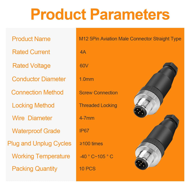 10Pcs M12 5-Pin Aviation Connector Male A Code, Industrial Field Assembly Plug 12mm IP67 Waterproof for Circular Socket Panel Sensor 5 Pins M12 Straight Male