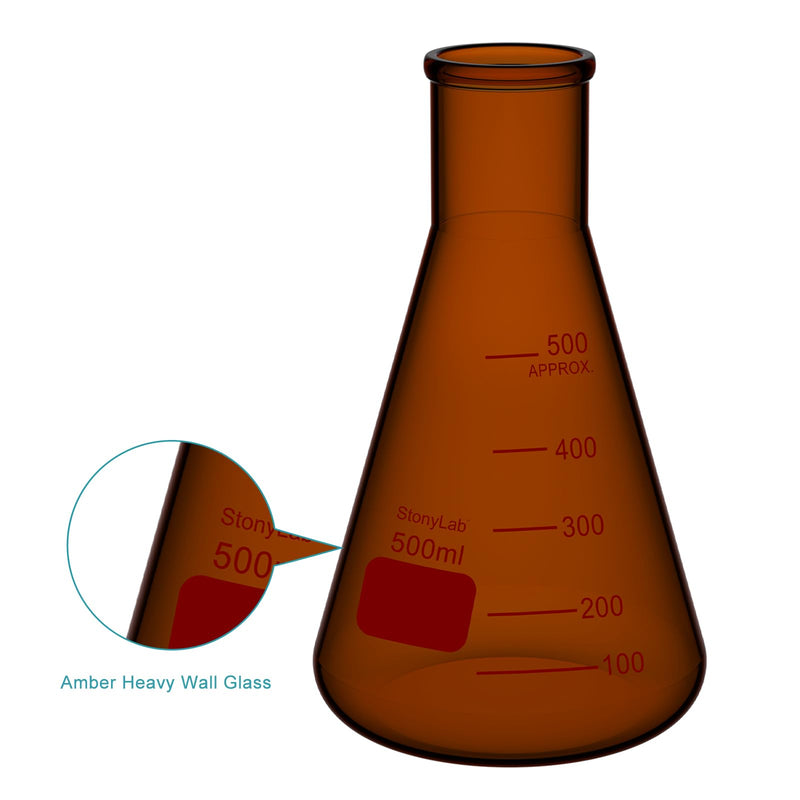 stonylab Borosilicate Glass Amber 500 ml Heavy Wall Narrow Mouth Erlenmeyer Flask with Heavy Duty Rim, Flat Bottom, Ideal for Mixing, Heating, and Lab Experiments