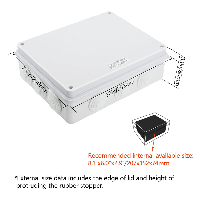 LeMotech Junction Box, ABS Plastic IP65 Waterproof and Dustproof, Universal Electrical Enclosure, Outdoor and Indoor Project Box 10 x 7.9 x 3.1 inch (255 x 200 x 80 mm) 10" x 7.9" x 3.1" (1pc)