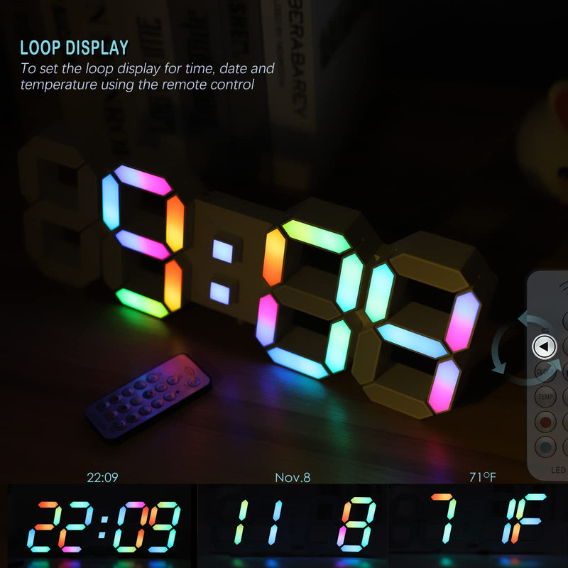 KOSUMOSU LED Wall Clock 15" RGB Digital LED Clock for Living Room Decor, Large Display Gaming Room Clocks, Dimming/12/24 Hr Time/Date/Temp/Remote (White Clock with Neon Light) 15in Wall Clock-neon Light