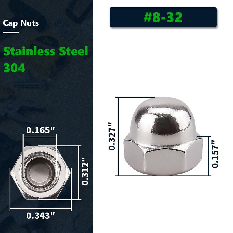 #8-32 (50 Pack) Stainless Cap Nuts, Acorn Cap Nuts Hex Cap Nuts, 304 Stainless Steel 18-8, Bright Finish #8-32 50