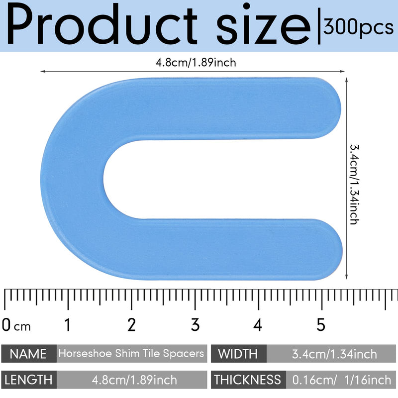 Tile Leveling System Tile Spacers 1/16 Inch, Horseshoe Shims, U Shape Plastic Shims Tile Spacers Clips for Various Types of Tile Leveling, Blue(300 Pieces) 300