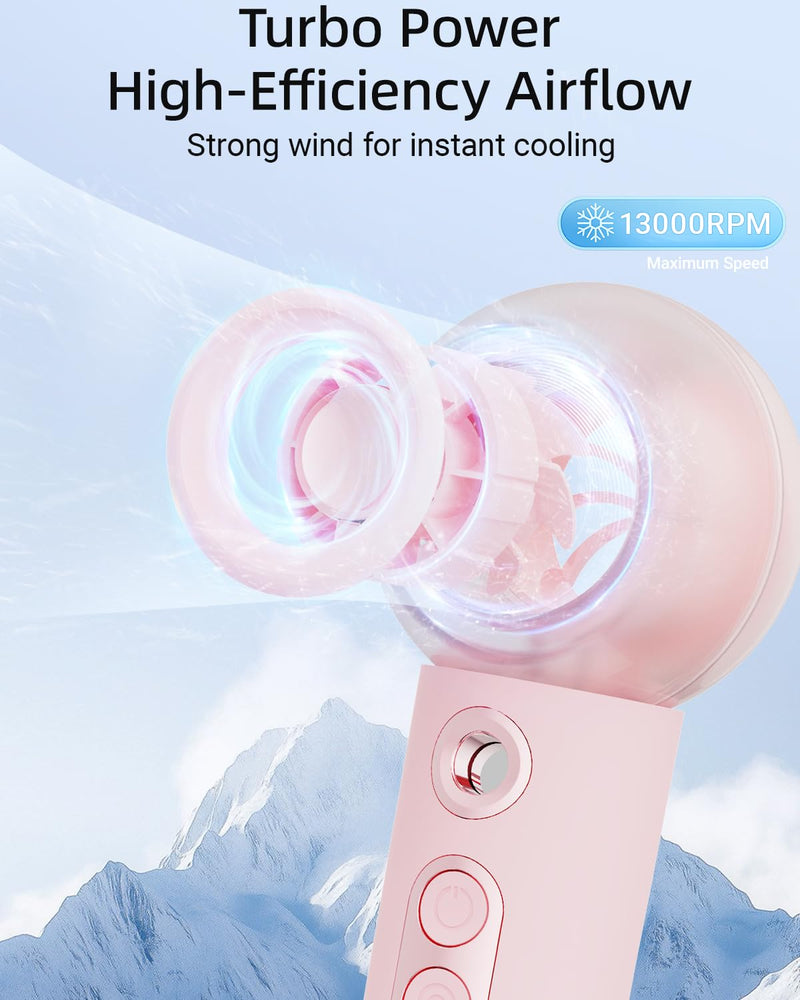 Tendiren Portable Handheld Misting Fan, Rechargeable Personal Mini Fan with Mist, 4 Speed Turbo Powerful Cooling Fans with Water Spray Tank for Travel, Home, Office, Outdoor, Camping, Beach (Pink) Pink