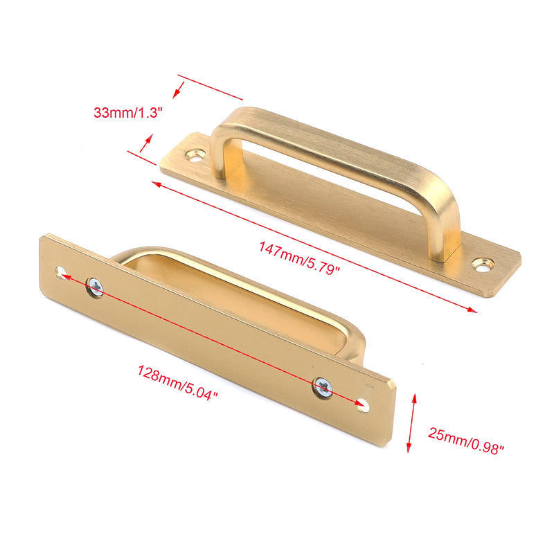 Semetall 5.79" Heavy Duty Antique Barn Door Handles Pull and Flush Hardware for Gate,Garage,Shed,2 Pack,5.04" Hole Center,Gold 128mm/5.04" hole center Gold