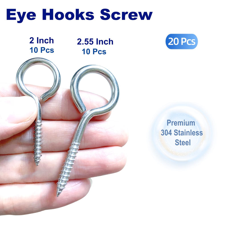 20 PCS Eye Screws 2.55 Inch & 2 Inch Stainless Steel Eye Bolt, Heavy Duty Screw Eyes for Wood, Eye Hooks Screw for Secure Cable Wires, Indoor & Outdoor Use, 2 Sizes