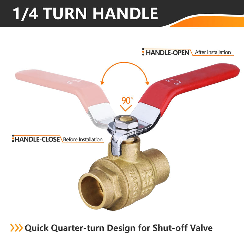 2-Pack 3/4 Inch Sweat Ball Valve, Brass Full Port Shut-off Valve,3/4" SWT x 3/4" SWT, 600 WOG (Water, Oil and Gas),Red 3/4 INCH,2 PACK SWEAT,RED