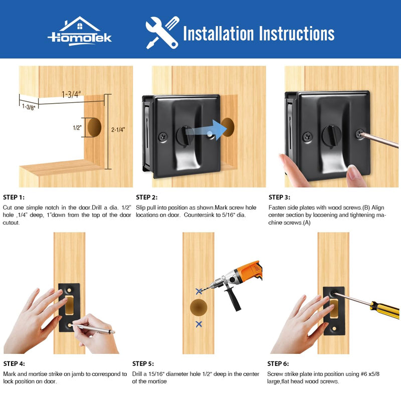 HOMOTEK 4 Pack Privacy Pocket Door Lock Hardware with Pull Pocket & Bi-Fold Door Hardware- Replace Old Or Damaged Sliding Door Locks Quickly and Easily, 2-3/4”x2-1/2”, for 1-3/8” Thickness Door, Black