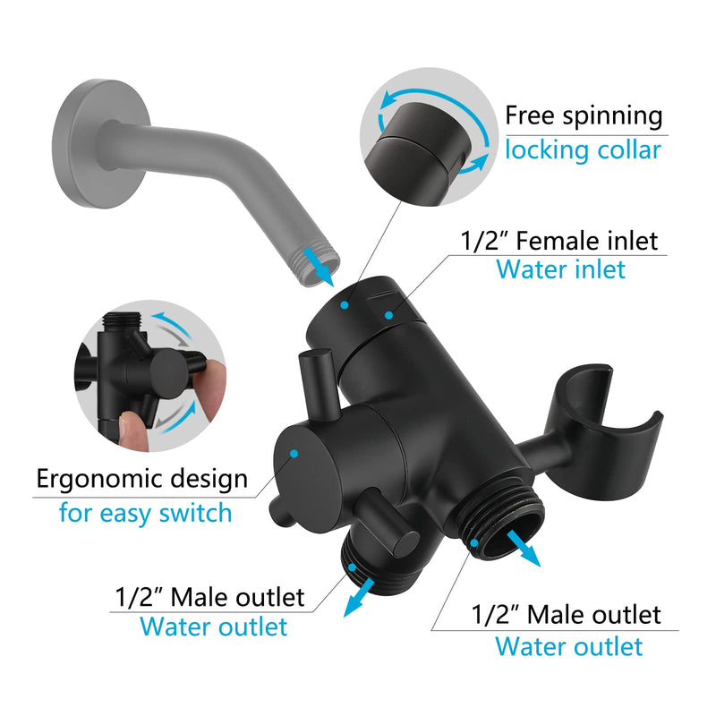 PDPBath Solid Brass 3 Way Shower Arm Diverter Valve with Handheld Holder for Dual Shower Heads with G1/2 Universal Connection - Matte Black