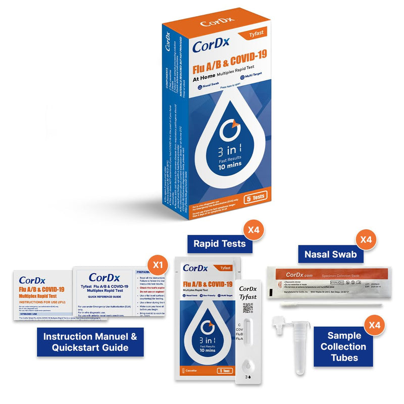 CorDx Tyfast at-Home Flu A/B and COVID-19 Rapid Test Kit, Easy, Accurate, Fast Results in 10 Minutes, 4 Tests.