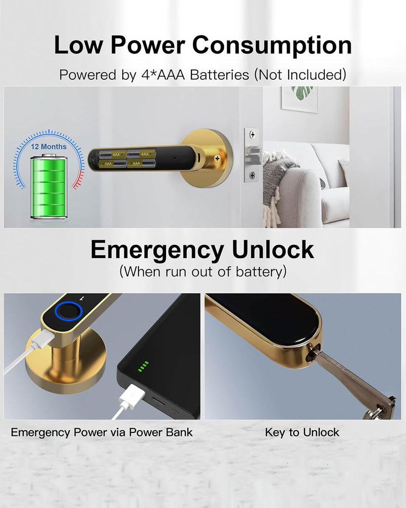 Fingerprint Handle Door Lock Smart Door Lock Levers eLinkSmart Digital Keyless Entry Door Knob Watch App Open Knob Lock for Bedroom Gold