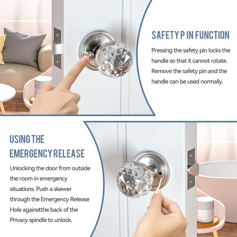 Bwintech Crystal Door Handle with Lock and Keys 1 Set, Brushed Nickel Door Handle, 65mm Palace Style Crystal Internal Door Handle with Latch and Screw Kit for Privacy Bedroom, Hallway, Lavatory