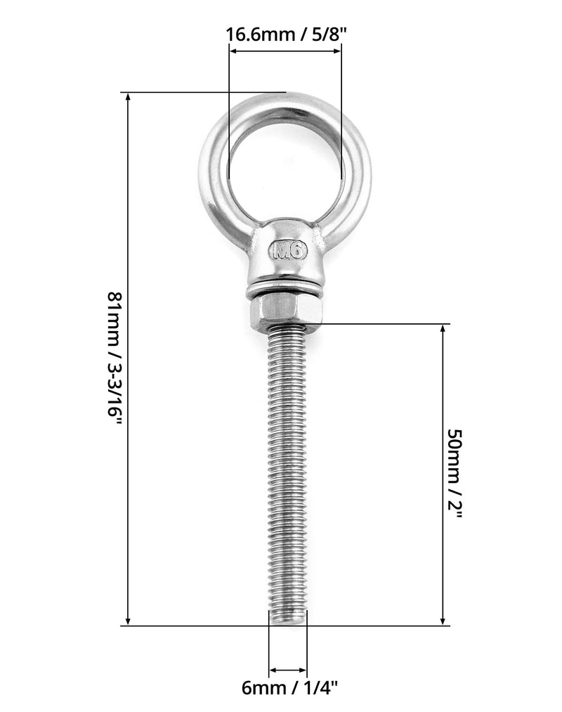 QWORK Threaded Eyebolts, 20 Pack 1/4" x 2" Long Stainless Steel Marine Grade Shoulder Eye Bolt 1/4" x 2"