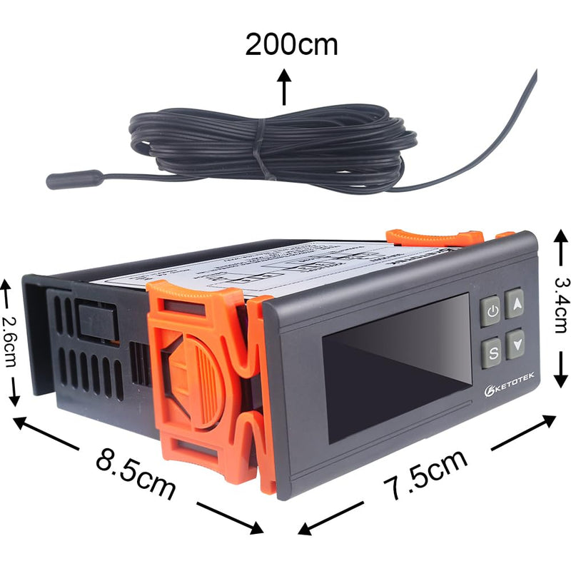 KETOTEK Digital Temperature Controller Fahrenheit &Centigrade Thermostat 120V 16A Relay with Sensor, Heating and Cooling for Homebrew Incubator Greenhouse Output: 16A