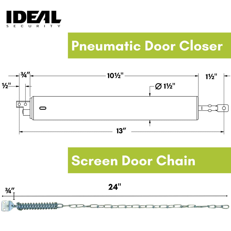 Ideal Security BK8730 Heavy Pneumatic Storm Door Closer and Screen Door Closer with Wind Chain, White Closer and Chain