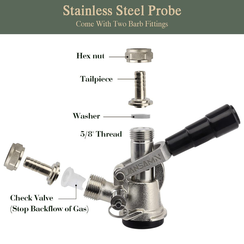 Keg Coupler, Sankey D Tap with 304 Stainless Steel Probe, Keg Coupler D System with Black Handle & Hose Clamp, D Style,Sankey D Tap for 5/16" ID Hose