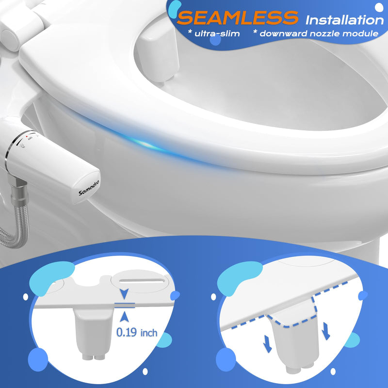 SAMODRA Ultra-Slim Bidet Attachment for Toilet - Dual Nozzle (Frontal & Rear Wash) Hygienic Bidets for Existing Toilets - Adjustable Water Pressure Fresh Water Toilet Bidet - Easy to Install Dual Nozzles(Rear & Feminine Wash) Silver