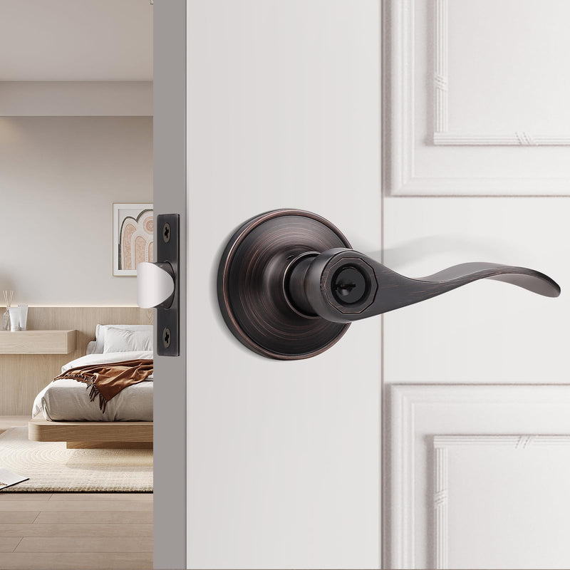 Probrico 2 Pack Entry Door Lever [Lock with 3 Keys],Locking Door Handle Set for Office or Front Door,Oil Rubbed Bronze Wave Entrance Door Lock with Key, Reversible Right & Left Side Handed Keyed Entrance-not keyed alike