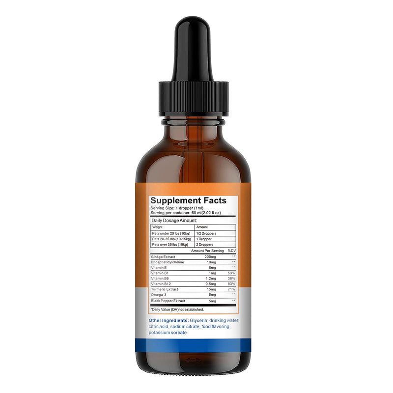Ginkgo Brain & Heart Support Drops for Dogs, Senior Dogs & Cats Cognitive & Memory Support, Blood Pressure, Cholesterol, Fights Mental Fog, with Curcumin & Lecithin & Multivitamins ﻿