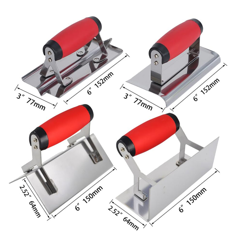 4 Pack Concrete Tools Set, Stainless Steel Corner Trowel, Include Concrete Edger (6" x 3", 1/2"R), Groover (6" x 3", 1/2"W, 1/2"D), Inside & Outside Corner Trowel, Plaster Stucco Masonry
