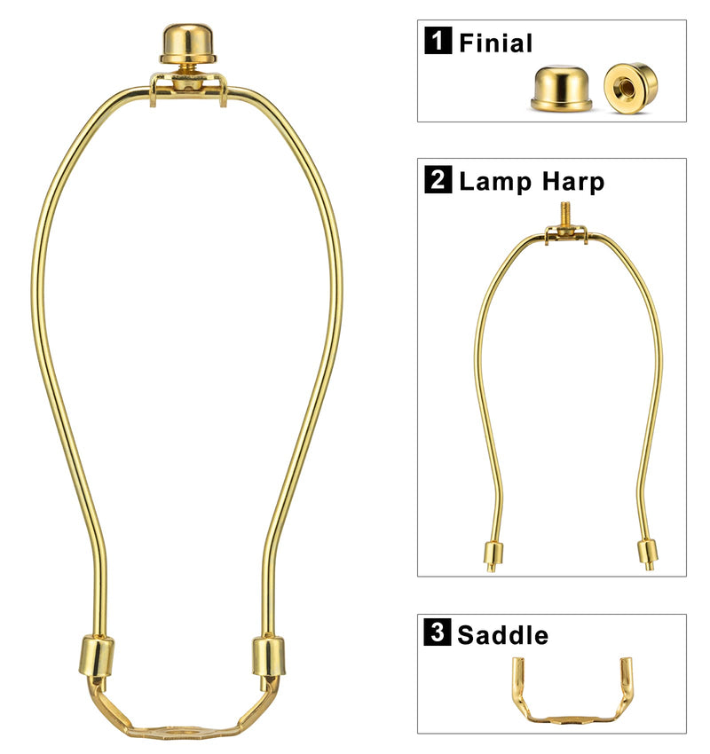8 Inch Lamp Harp - 2 Set, Detachable Lamp Shade Holder for Table and Floor Lamps, Heavy Duty Lamp Shade Bracket with 3/8 Standard Saddle and Lamp Finial, Polished Brass 8 Inch