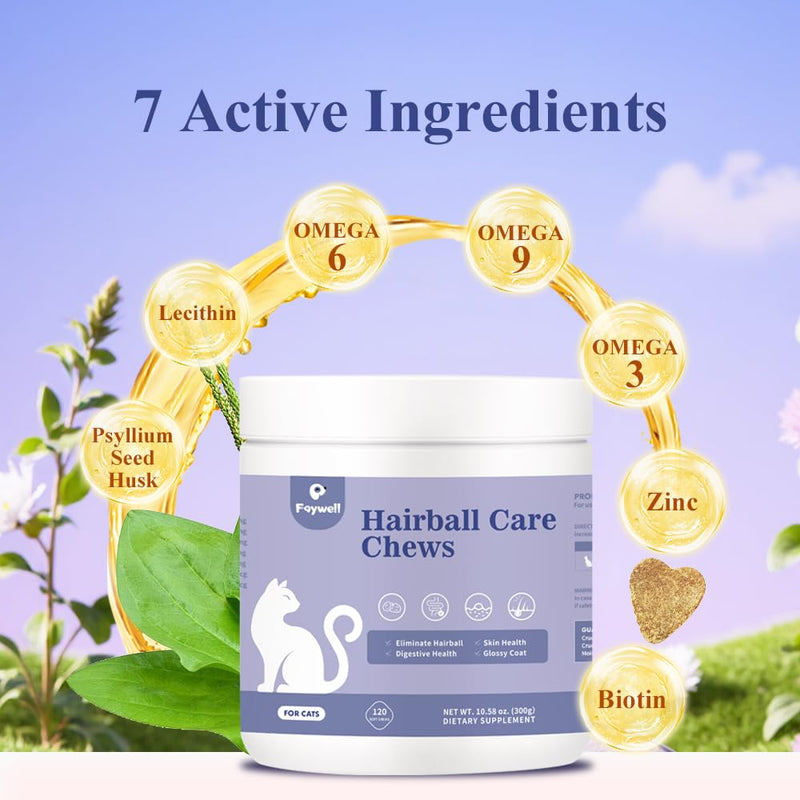 Hairball Care Chews Supplement for Cats, Psyllium Seed and Vitamins Support Hairball Issues and Digestive Health, 120ct/300g