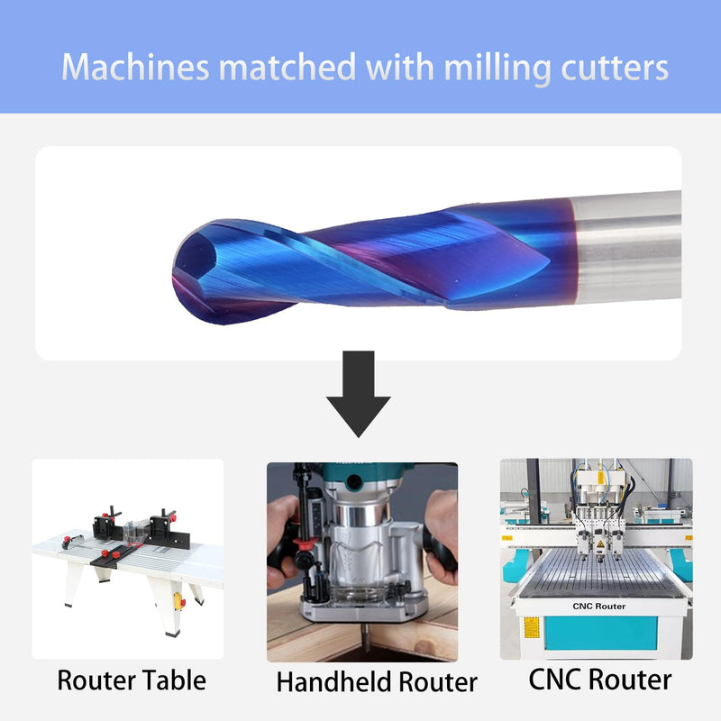 NE11 CNC Router Bits Carbide Ball Nose End Mill with Nano Blue Coating 1/2inch Shank 3inch OVL for Side Milling End Milling Finish Machining(1/2" CD X 1-1/4"CL X 1/2" SD X 3" OL) Nano Coated