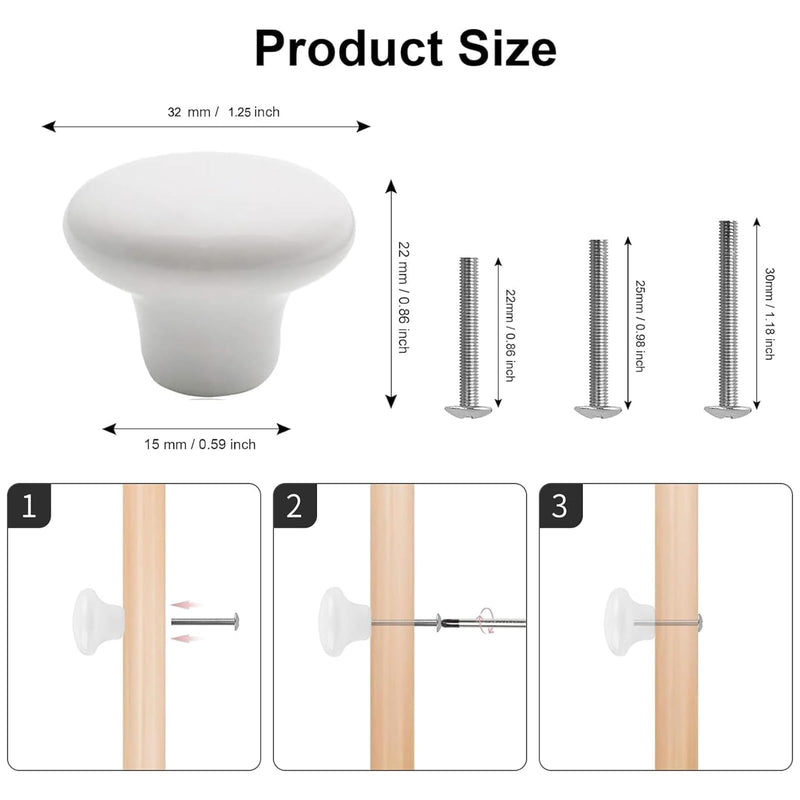 4X White Door Knob Cabinet Retro Round Ceramic Drawer Cupboard Kitchen Dresser Pull Handle Knobs 32mm/1.25" with 3-Sized Screws 4pack