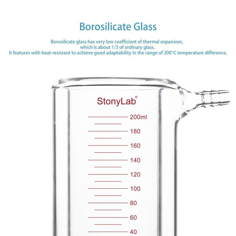 Stonylab Glass Jacketed Beaker, 200 ml Borosilicate Graduated Flat-Bottom Double-Layer Lab Reaction Beaker