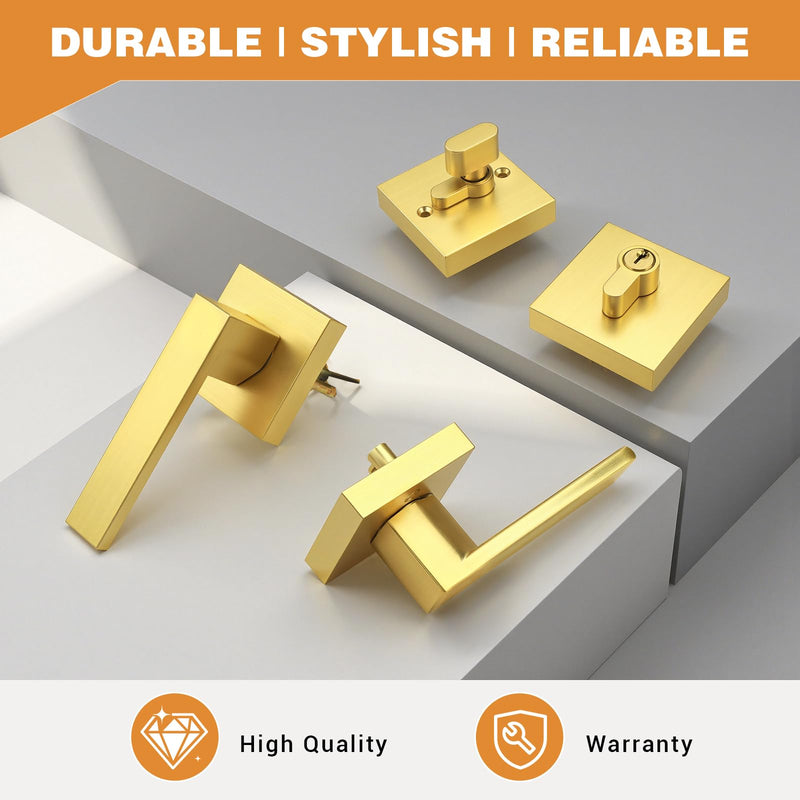 Probrico Keyed Alike Brushed Gold Exterior Door Locksets Square, Satin Brass Front Door Passage Handle and Single Cylinder Deadbolt Set, 1Pack 1