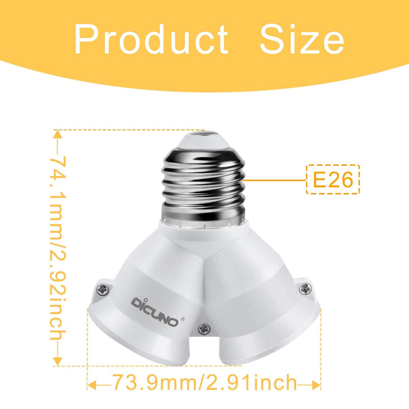 DiCUNO 2 in 1 E26 Socket Splitter Adapter, Two E26 Standard Medium Base Bulbs in One Socket Y-Shape Lamp Holder Converter, Maximum 200W and 165℃ Heat Resistant Light Bulb Splitter 6Pcs 6