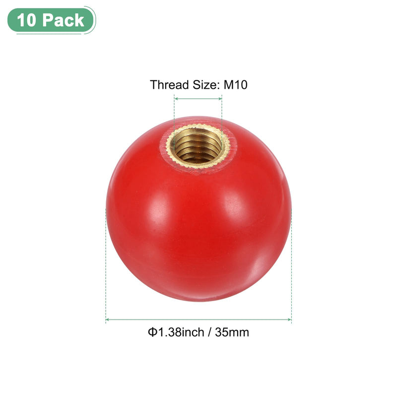 10-Pack Threaded Ball Knobs, M10 Female Thread 35mm Dia. Thermoset Ball Knob for Lathe/Machine/Lawn Mowers, Round Phenolic Brass Insert Lever Handle [Red] M10x35mm