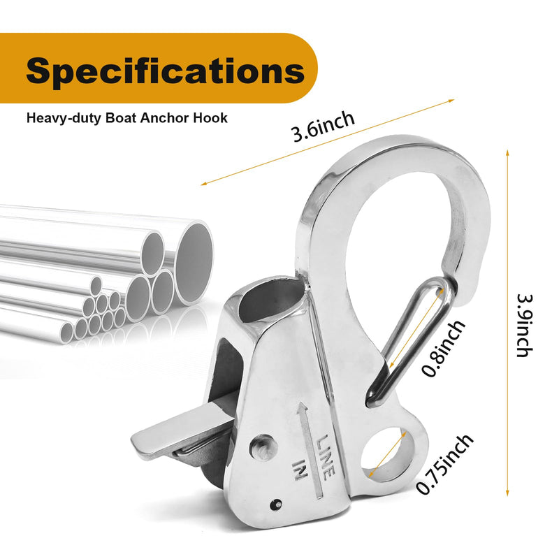 Boat Anchor Hook Sliding Hook Stainless Steel Boat Anchor Hook System Fits 3/8"-5/8" Dock Rope Holds 8500 lbs Adjustable Anchor Clip (1PCS)