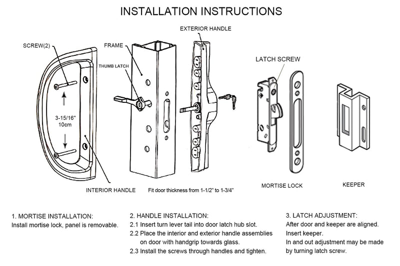 Patio Sliding Door Handle Set with Mortise Lock, Key Cylinder and Keeper, Replacement Handle Lock Set Fits Door Thickness from 1-1/2" to 1-3/4", 3-15/16" Screw Hole Spacing, Keyed, White with Key