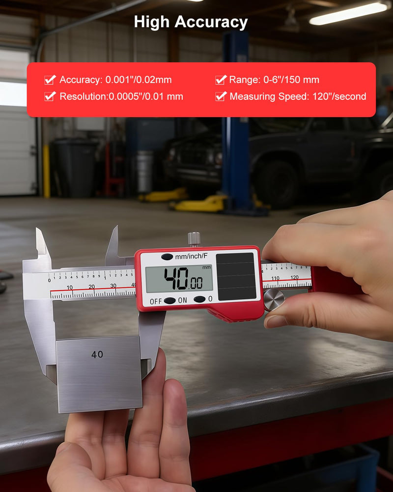 GODESON Solar Powered Digital Caliper, 6“ Digital Calipers with 0.001" Accuracy Stainless Steel, 3 Units Inch/mm/Fraction, 5 Modes Including Differential, for DIY Woodworking Metalworking 3D Printing