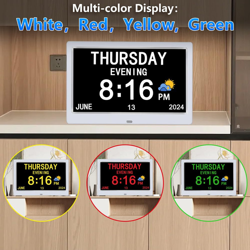 AINFTIME DST Digital Clock with Date and Day of Week for Elderly-12 Alarms Medication Reminder Dementia Alzheimers Clock Calendar with Extra Large Display (10.1 inch White) 10.1 inch White