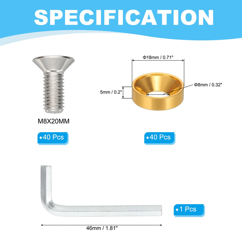 PATIKIL M8 Finish Countersunk Washer Kit, 40 Set Aluminum Alloy Flat Cup Head Screw Bolt Gasket for Mechanical Accessories Parts DIY Models, Gold Tone