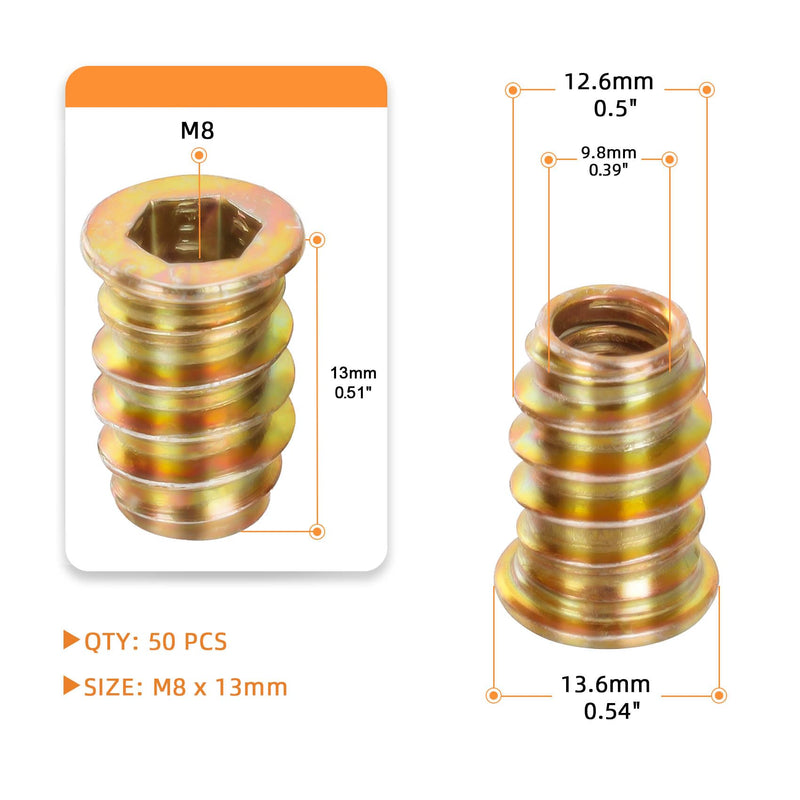 M8-1.25 x 13mm Threaded Insert for Wood Furniture Screw in Nut Threaded Wood Inserts Bolt Fastener Connector, Zinc Plated Carbon Steel, 50 PCS (with Hex Spanner) M8 x 13mm