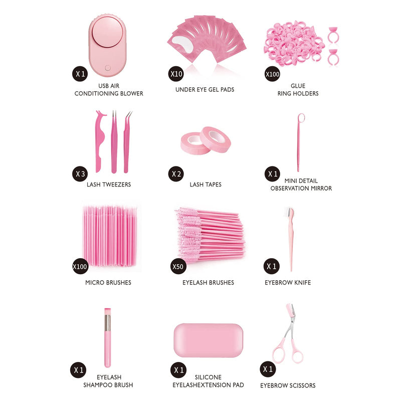 320 PCS Lash Extension Supplies, USB Mini Portable Air Conditioning Blower Handheld Dryer Fan Rechargeable Mini Mirror, Tapes, Tweezers, Eyelash Brushes, Micro Brush in Organizer Bag